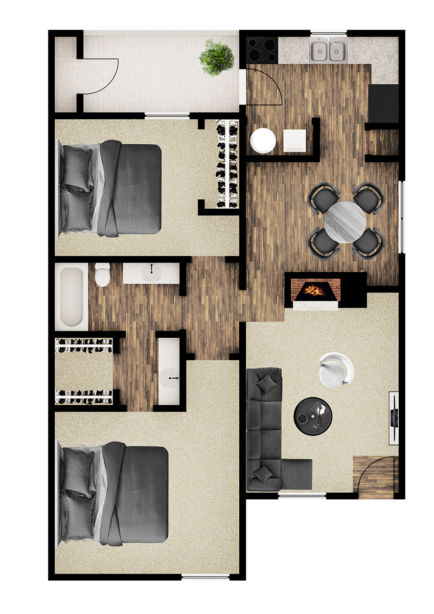 Floor plan for 2 beds, 1 bath, 873 sqft